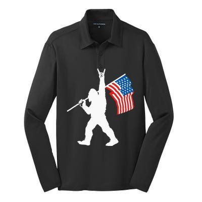 Funny Sasquatch Rock And Roll USA Flag For Bigfoot Believers Silk Touch Performance Long Sleeve Polo