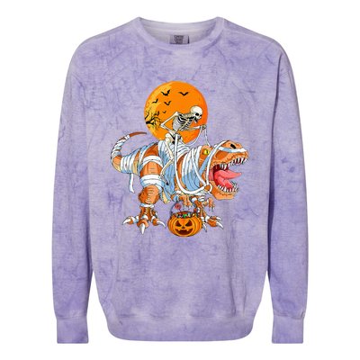 Funny Skeleton Riding Dinosaur Party T Rex Halloween Pumpkin Colorblast Crewneck Sweatshirt