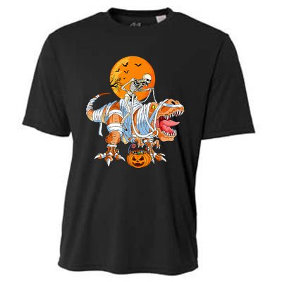 Funny Skeleton Riding Dinosaur Party T Rex Halloween Pumpkin Cooling Performance Crew T-Shirt