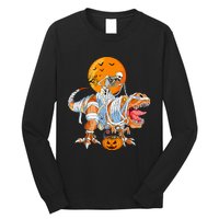 Funny Skeleton Riding Dinosaur Party T Rex Halloween Pumpkin Long Sleeve Shirt