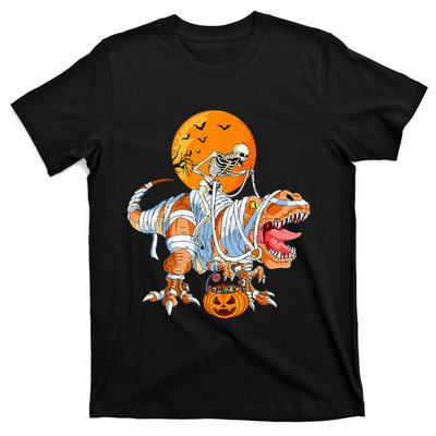 Funny Skeleton Riding Dinosaur Party T Rex Halloween Pumpkin T-Shirt