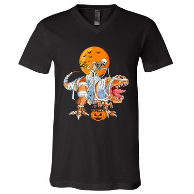 Funny Skeleton Riding Dinosaur Party T Rex Halloween Pumpkin V-Neck T-Shirt