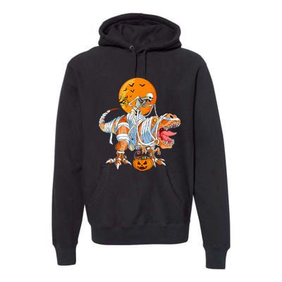 Funny Skeleton Riding Dinosaur Party T Rex Halloween Pumpkin Premium Hoodie