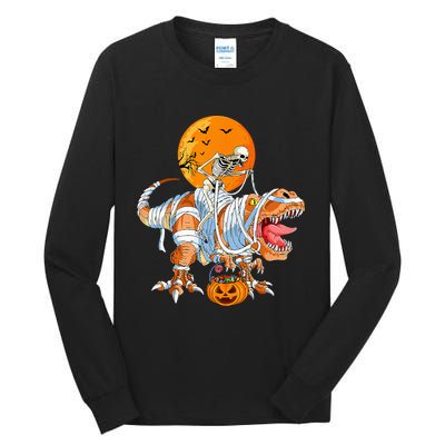 Funny Skeleton Riding Dinosaur Party T Rex Halloween Pumpkin Tall Long Sleeve T-Shirt