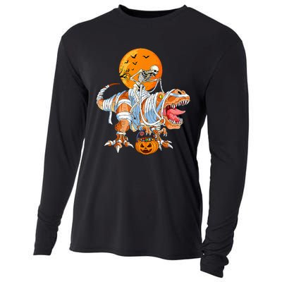 Funny Skeleton Riding Dinosaur Party T Rex Halloween Pumpkin Cooling Performance Long Sleeve Crew