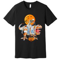 Funny Skeleton Riding Dinosaur Party T Rex Halloween Pumpkin Premium T-Shirt