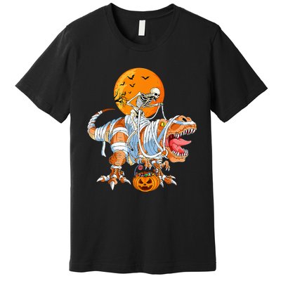 Funny Skeleton Riding Dinosaur Party T Rex Halloween Pumpkin Premium T-Shirt