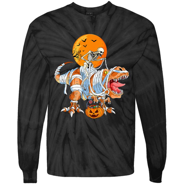 Funny Skeleton Riding Dinosaur Party T Rex Halloween Pumpkin Tie-Dye Long Sleeve Shirt