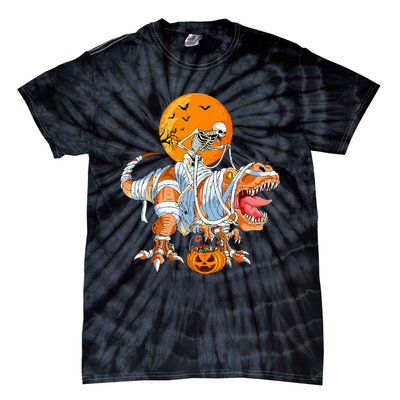 Funny Skeleton Riding Dinosaur Party T Rex Halloween Pumpkin Tie-Dye T-Shirt