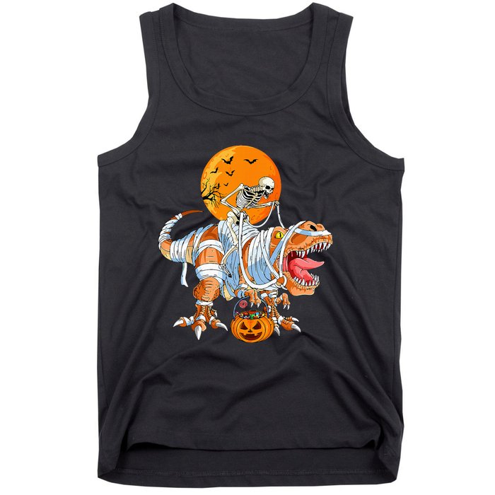 Funny Skeleton Riding Dinosaur Party T Rex Halloween Pumpkin Tank Top