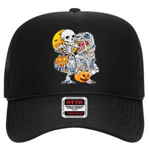 Funny Skeleton Riding Mummy Dinosaur T Rex Halloween Pumpkin High Crown Mesh Back Trucker Hat