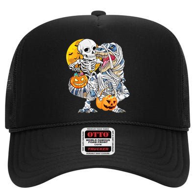 Funny Skeleton Riding Mummy Dinosaur T Rex Halloween Pumpkin High Crown Mesh Back Trucker Hat