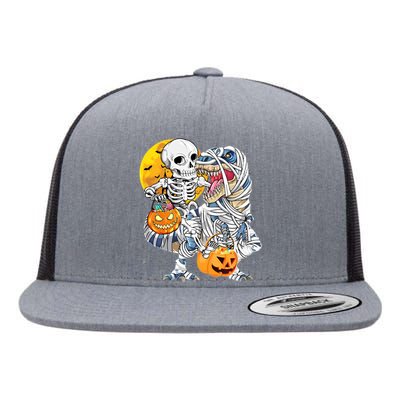 Funny Skeleton Riding Mummy Dinosaur T Rex Halloween Pumpkin Flat Bill Trucker Hat