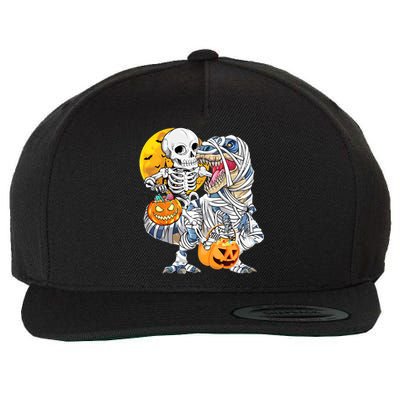 Funny Skeleton Riding Mummy Dinosaur T Rex Halloween Pumpkin Wool Snapback Cap