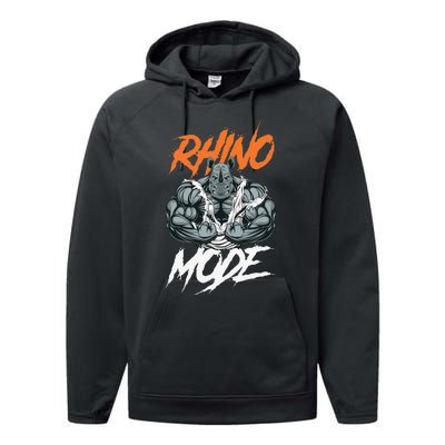 Funny Strong Rhino With Big Biceps Rhino Mode For Gym Lover Performance Fleece Hoodie