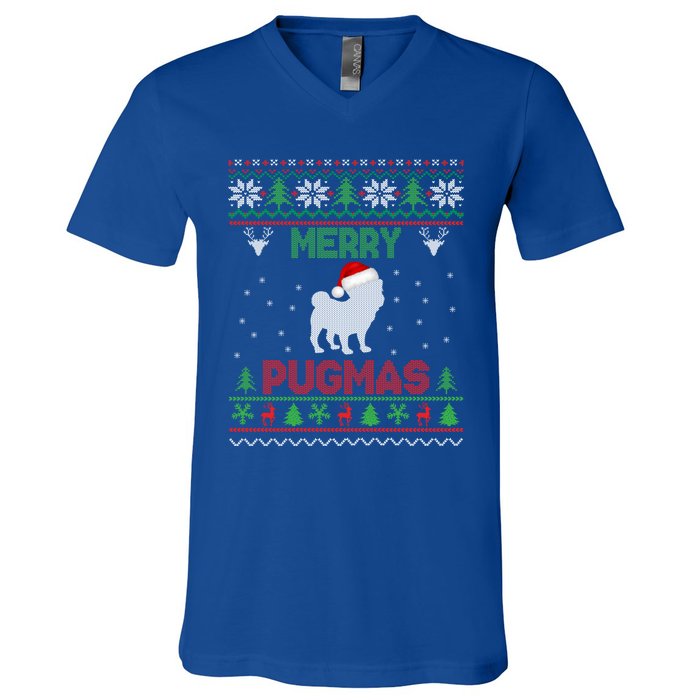 Funny Santa Reindeer Pug Xmas Ugly Christmas Merry Pugmas Gift V-Neck T-Shirt