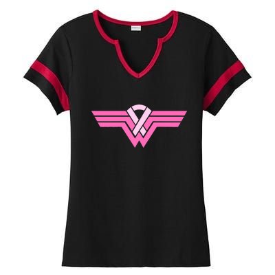 Funny Superhero Ribbon Breast Cancer Awareness Ladies Halftime Notch Neck Tee