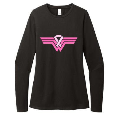 Funny Superhero Ribbon Breast Cancer Awareness Womens CVC Long Sleeve Shirt