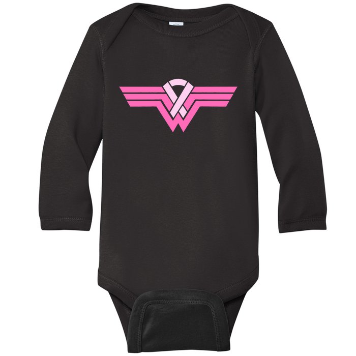 Funny Superhero Ribbon Breast Cancer Awareness Baby Long Sleeve Bodysuit