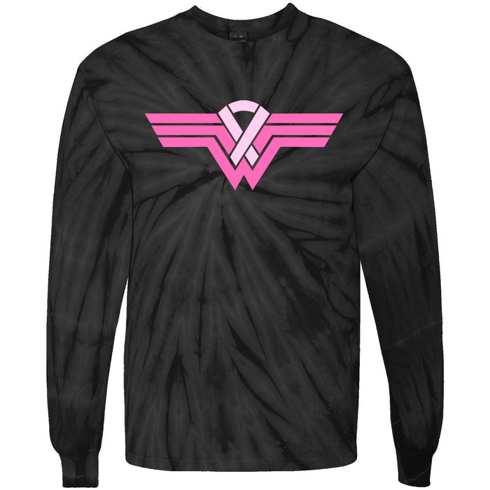 Funny Superhero Ribbon Breast Cancer Awareness Tie-Dye Long Sleeve Shirt