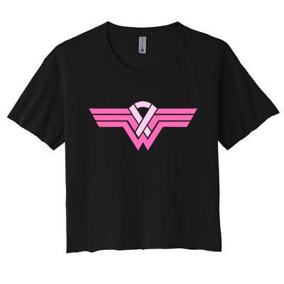 Funny Superhero Ribbon Breast Cancer Awareness Women's Crop Top Tee