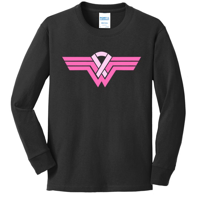 Funny Superhero Ribbon Breast Cancer Awareness Kids Long Sleeve Shirt