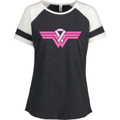 Funny Superhero Ribbon Breast Cancer Awareness Enza Ladies Jersey Colorblock Tee