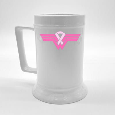 Funny Superhero Ribbon Breast Cancer Awareness Beer Stein