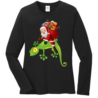 Funny Santa Riding Lizard Ladies Long Sleeve Shirt