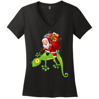 Funny Santa Riding Lizard Women's V-Neck T-Shirt