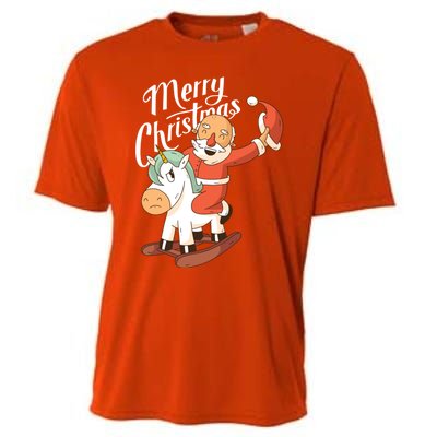 Funny Santa Riding Xmas Unicorn Rodeo Merry Christmas Gift Cooling Performance Crew T-Shirt