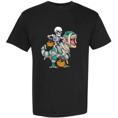 Funny Skeleton Riding Mummy Dinosaur T Rex For Halloween Gift Garment-Dyed Heavyweight T-Shirt