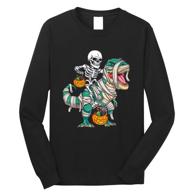 Funny Skeleton Riding Mummy Dinosaur T Rex For Halloween Gift Long Sleeve Shirt