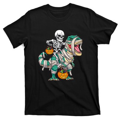 Funny Skeleton Riding Mummy Dinosaur T Rex For Halloween Gift T-Shirt