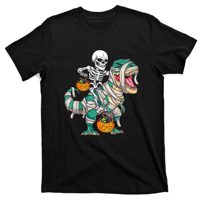 Funny Skeleton Riding Mummy Dinosaur T Rex For Halloween Gift T-Shirt