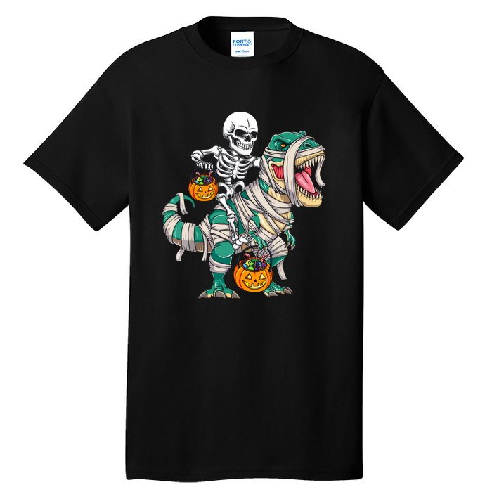 Funny Skeleton Riding Mummy Dinosaur T Rex For Halloween Gift Tall T-Shirt