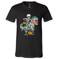 Funny Skeleton Riding Mummy Dinosaur T Rex For Halloween Gift V-Neck T-Shirt