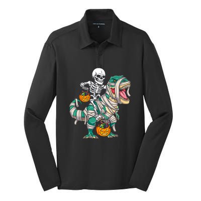 Funny Skeleton Riding Mummy Dinosaur T Rex For Halloween Gift Silk Touch Performance Long Sleeve Polo