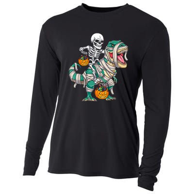 Funny Skeleton Riding Mummy Dinosaur T Rex For Halloween Gift Cooling Performance Long Sleeve Crew