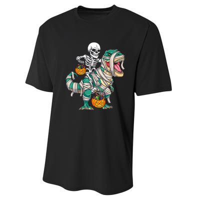 Funny Skeleton Riding Mummy Dinosaur T Rex For Halloween Gift Performance Sprint T-Shirt