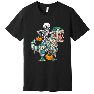 Funny Skeleton Riding Mummy Dinosaur T Rex For Halloween Gift Premium T-Shirt