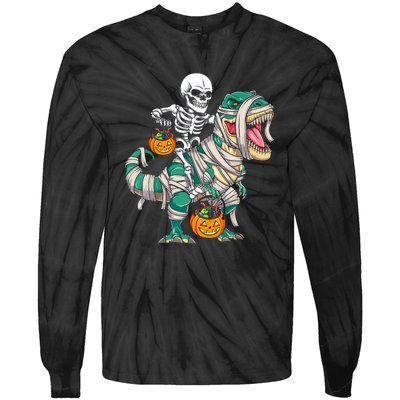 Funny Skeleton Riding Mummy Dinosaur T Rex For Halloween Gift Tie-Dye Long Sleeve Shirt