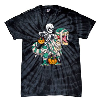 Funny Skeleton Riding Mummy Dinosaur T Rex For Halloween Gift Tie-Dye T-Shirt