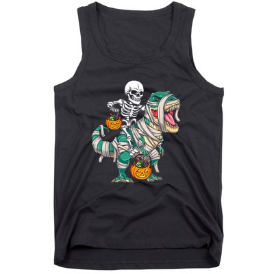 Funny Skeleton Riding Mummy Dinosaur T Rex For Halloween Gift Tank Top