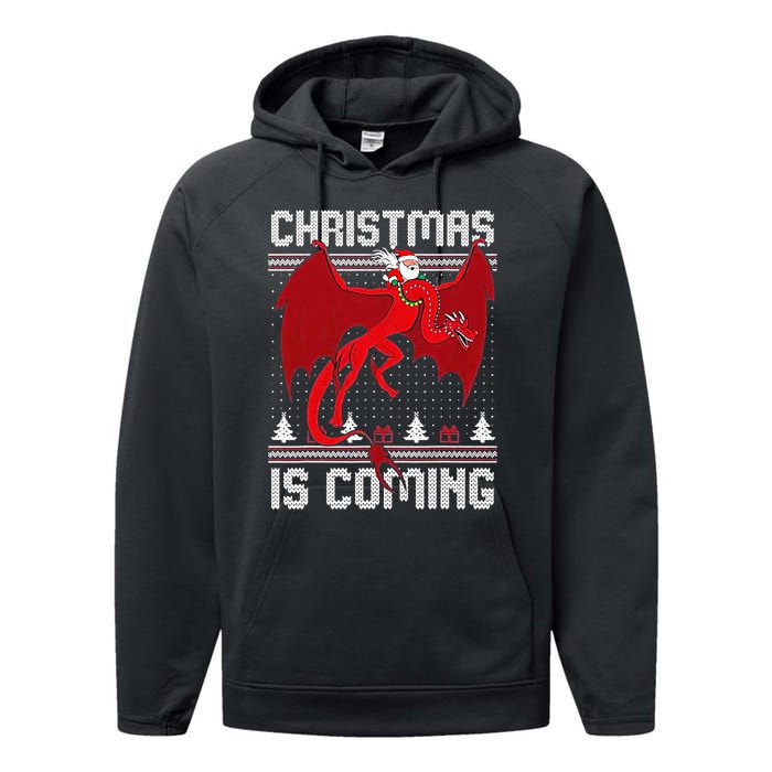 Funny Santa Riding A Dragon Christmas Is Coming Ugly Performance Fleece Hoodie