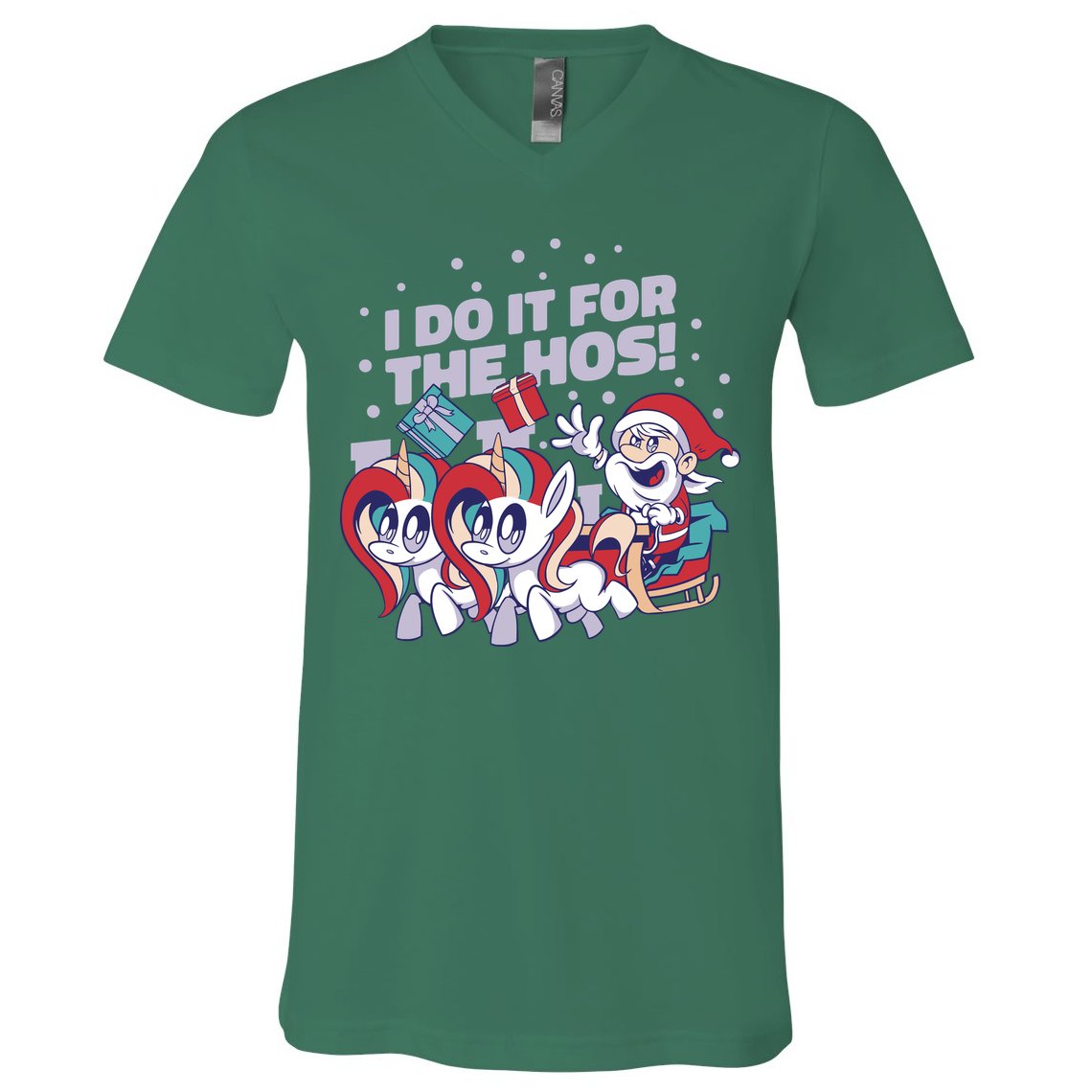 Funny Santa Riding Sleighs With Unicorns V-Neck T-Shirt