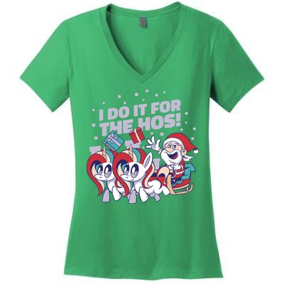 Funny Santa Riding Sleighs With Unicorns Women's V-Neck T-Shirt