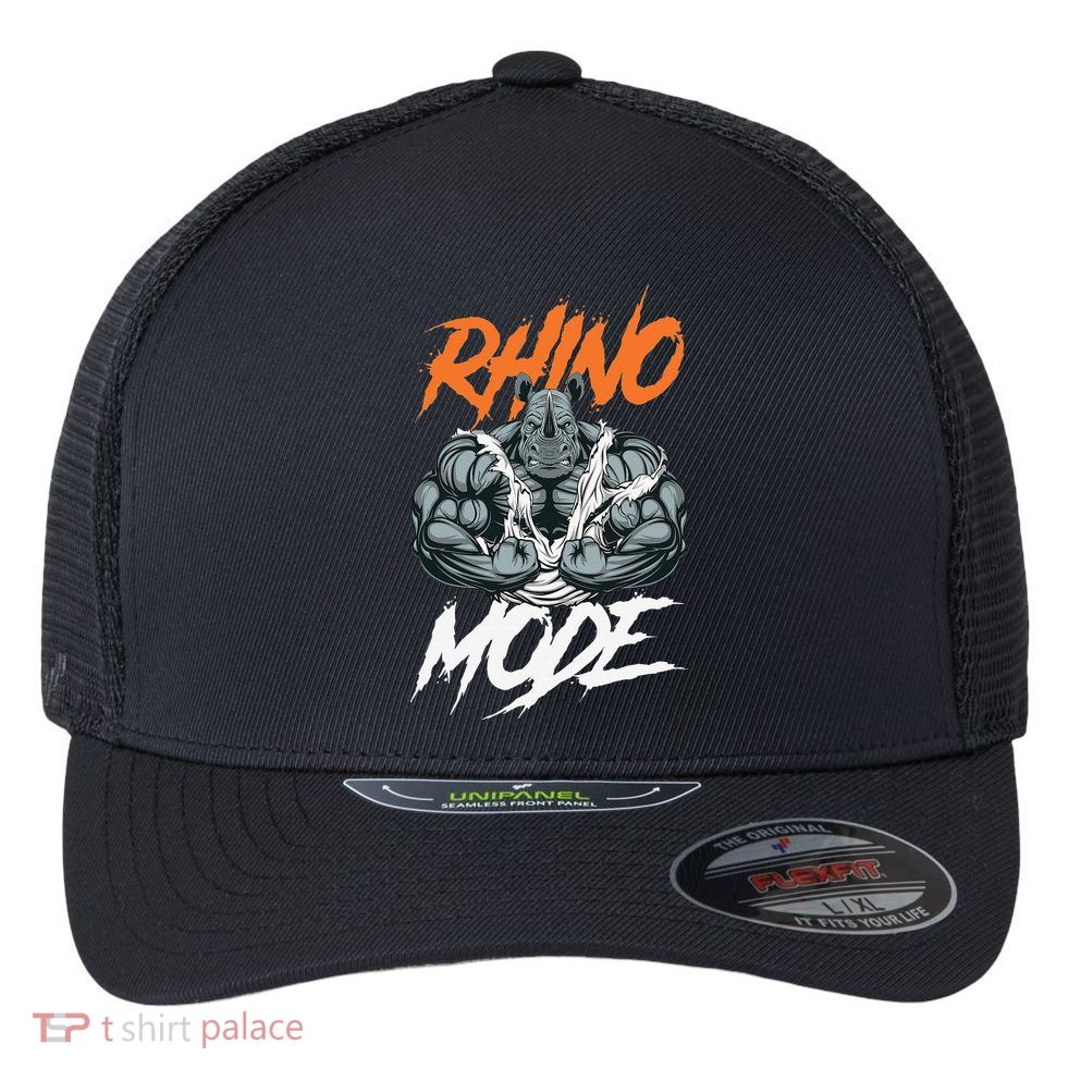 Funny Strong Rhino With Big Biceps Rhino Mode For Gym Lover Flexfit Unipanel Trucker Cap