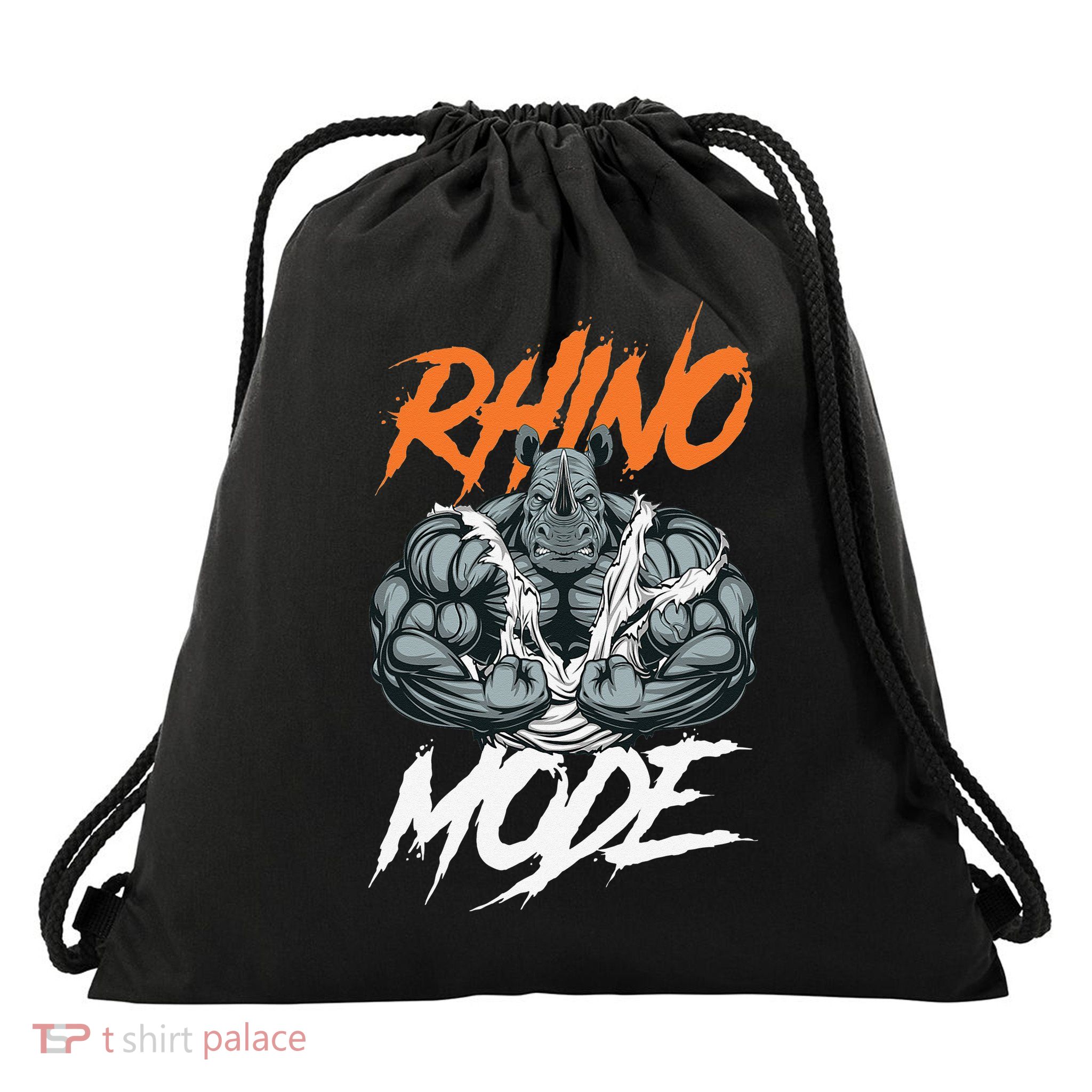 Funny Strong Rhino With Big Biceps Rhino Mode For Gym Lover Drawstring Bag