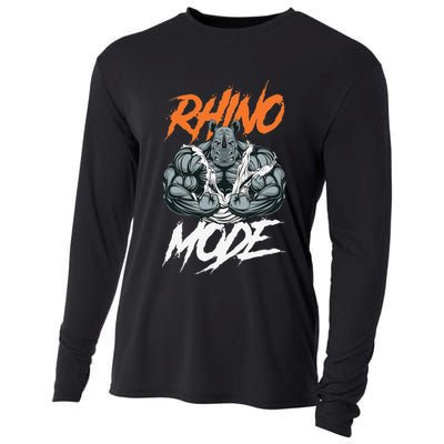 Funny Strong Rhino With Big Biceps Rhino Mode For Gym Lover Cooling Performance Long Sleeve Crew
